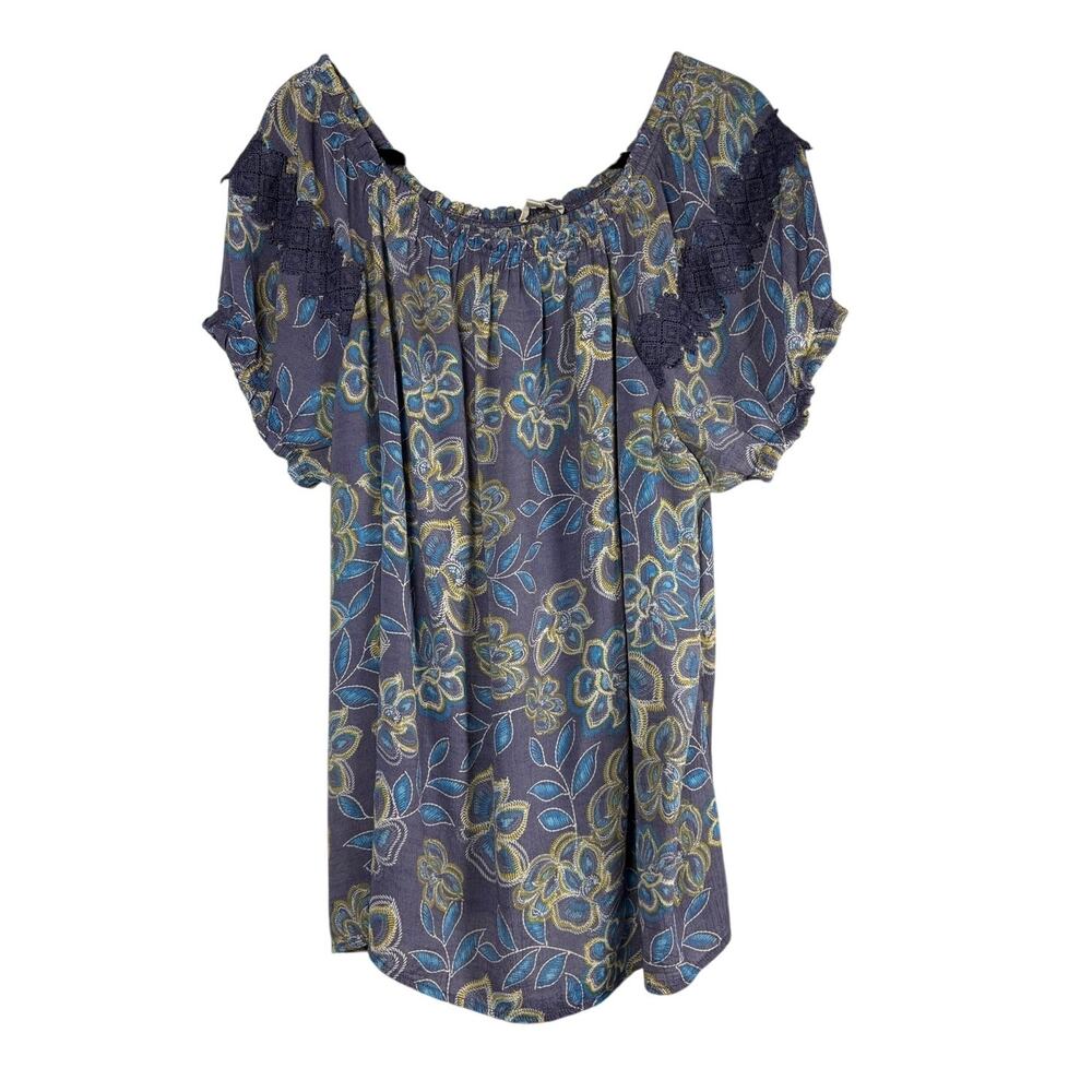 Como Blu Floral Lace Accent Peasant Blouse Blue Yellow Boho Top Plus Size 2X